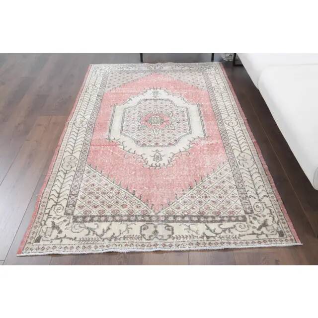 Tapis vintage turc Oushak fait main en laine et coton rose