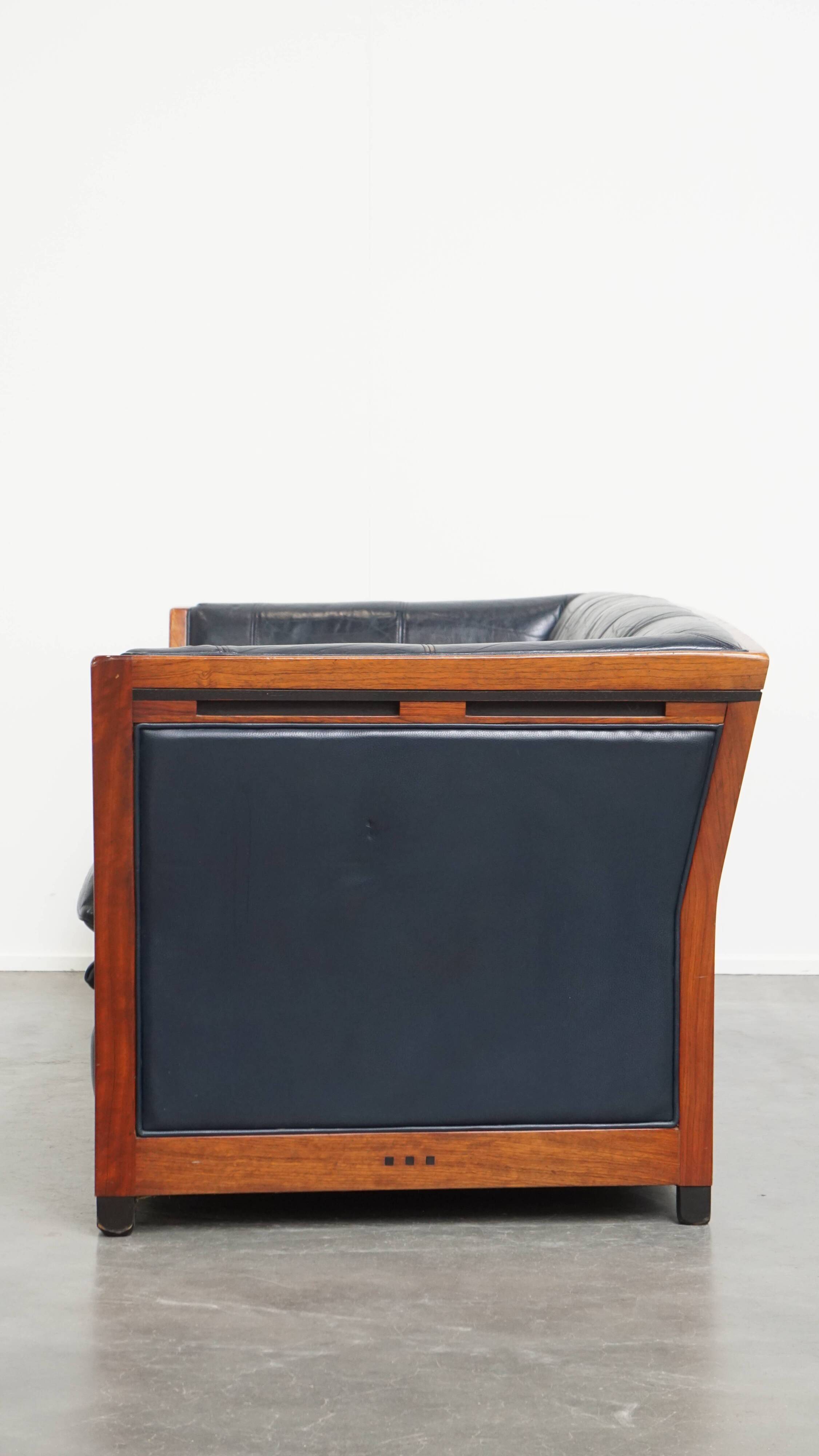 2.5-Seater Art Deco Sofa with Woodwork and Dark Blue Cowhide Leather