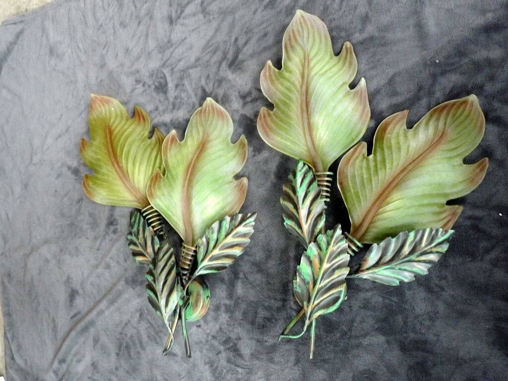 giant painted metal wall sconces Murano glass leaf 63cm