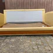 Art Deco 3-seater convertible sofa in genuine beige leather and red fabric from the 1980s.