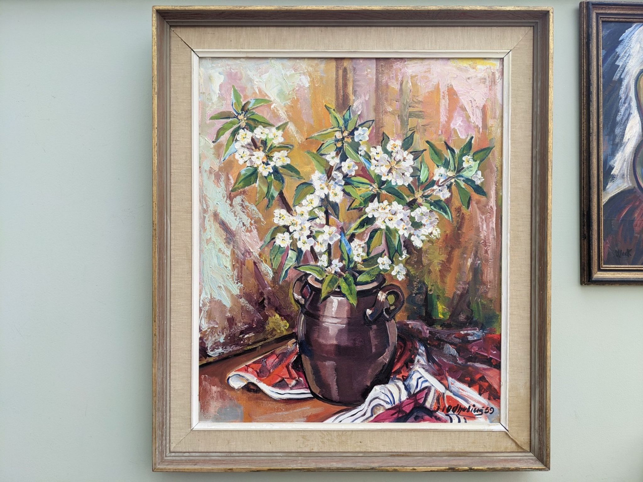 Mid 20th Century "Flower Jar" Swedish Modernist Still Life Oil Painting, Framed