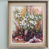 Peinture à l’huile de nature morte « pot de fleurs »  milieu du 20ème siècle