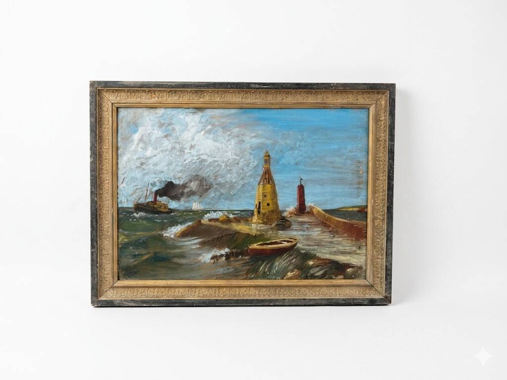 Old marine painting oil on canvas signed Y. Delaporte port entrance