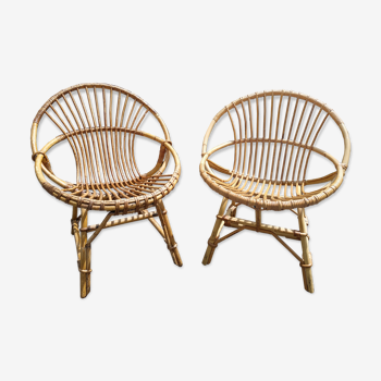 Pair of vintage armchairs in rattan and bamboo 1960
