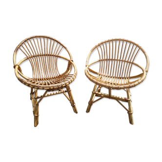 Pair of vintage armchairs in rattan and bamboo 1960