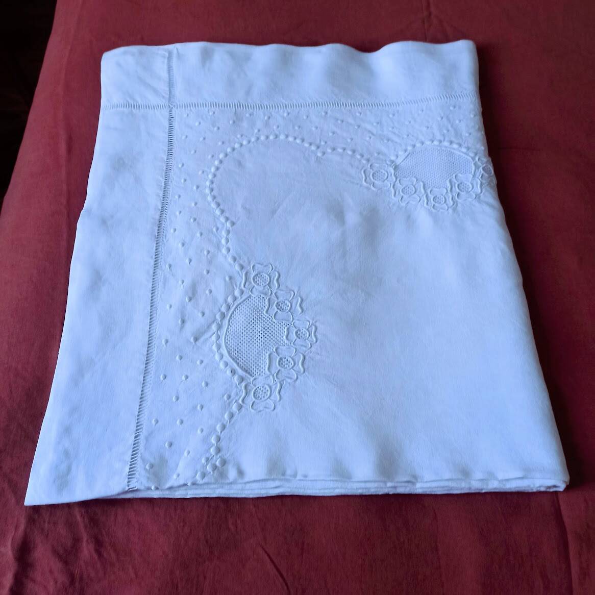 Large hand-embroidered antique linen bed sheet