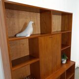 Deens hoge teak vakkenkast met bar vintage wandkast