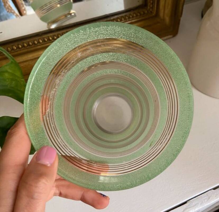 Vintage 1950s Art Deco vase in green granite glass with gold trim