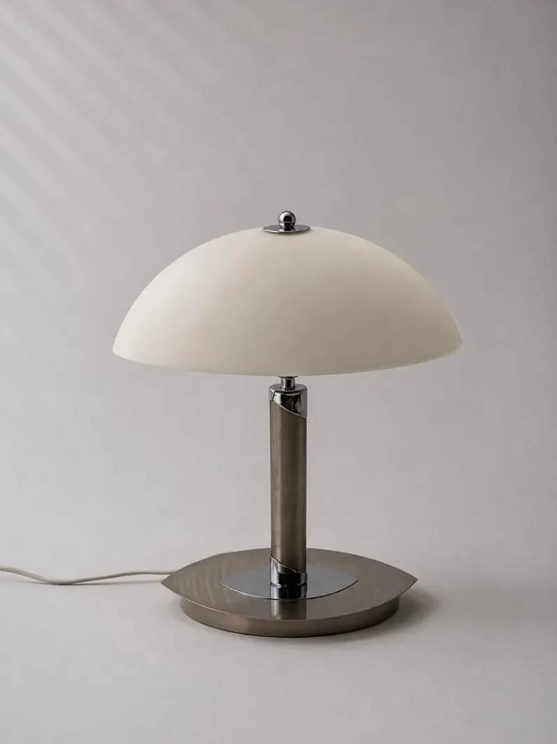 Chrome and frosted dome table lamp - modernist mushroom lamp - vintage from the 80s/90s.