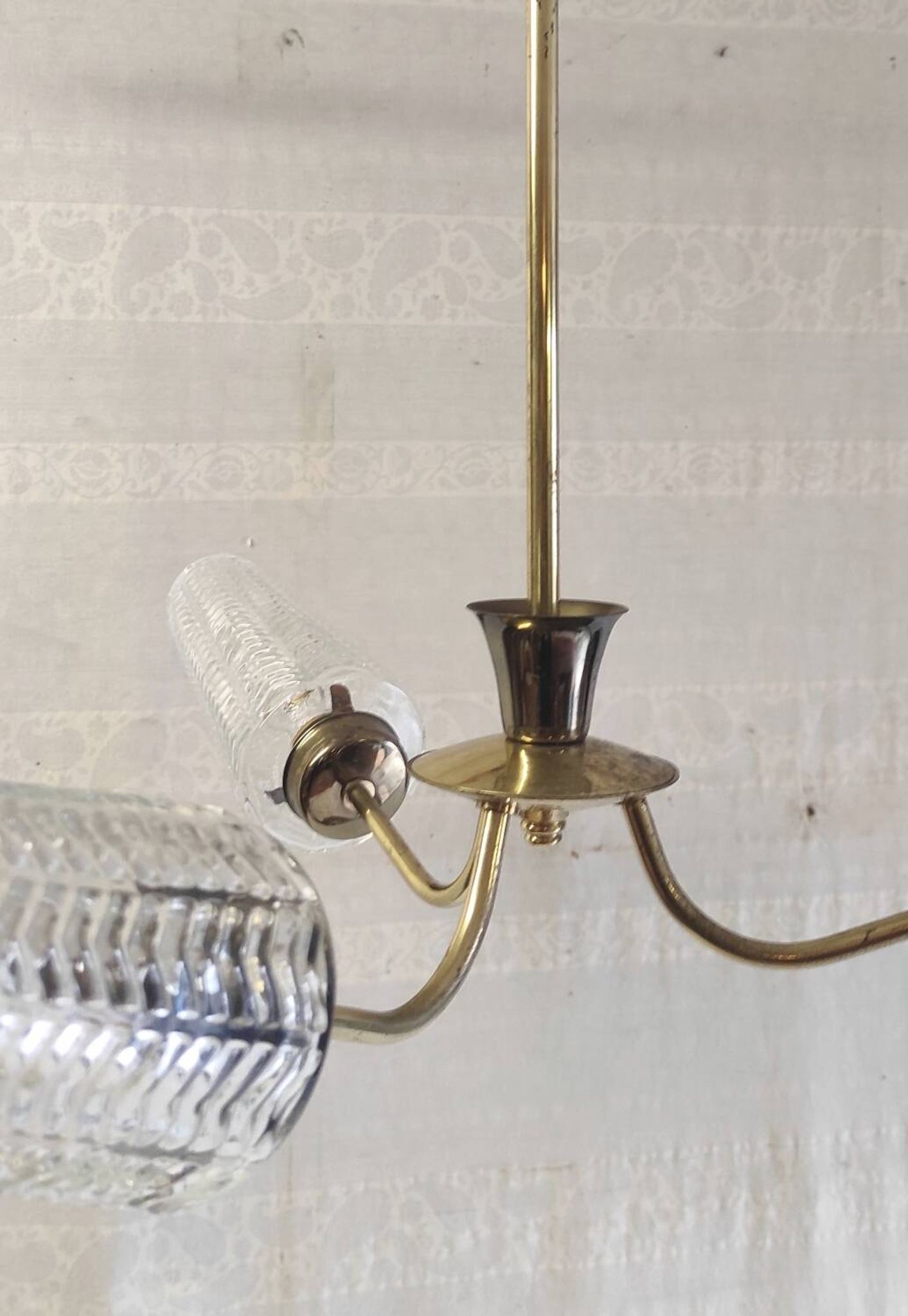 Brass three-light chandelier with glass tulips - 1950s/60s