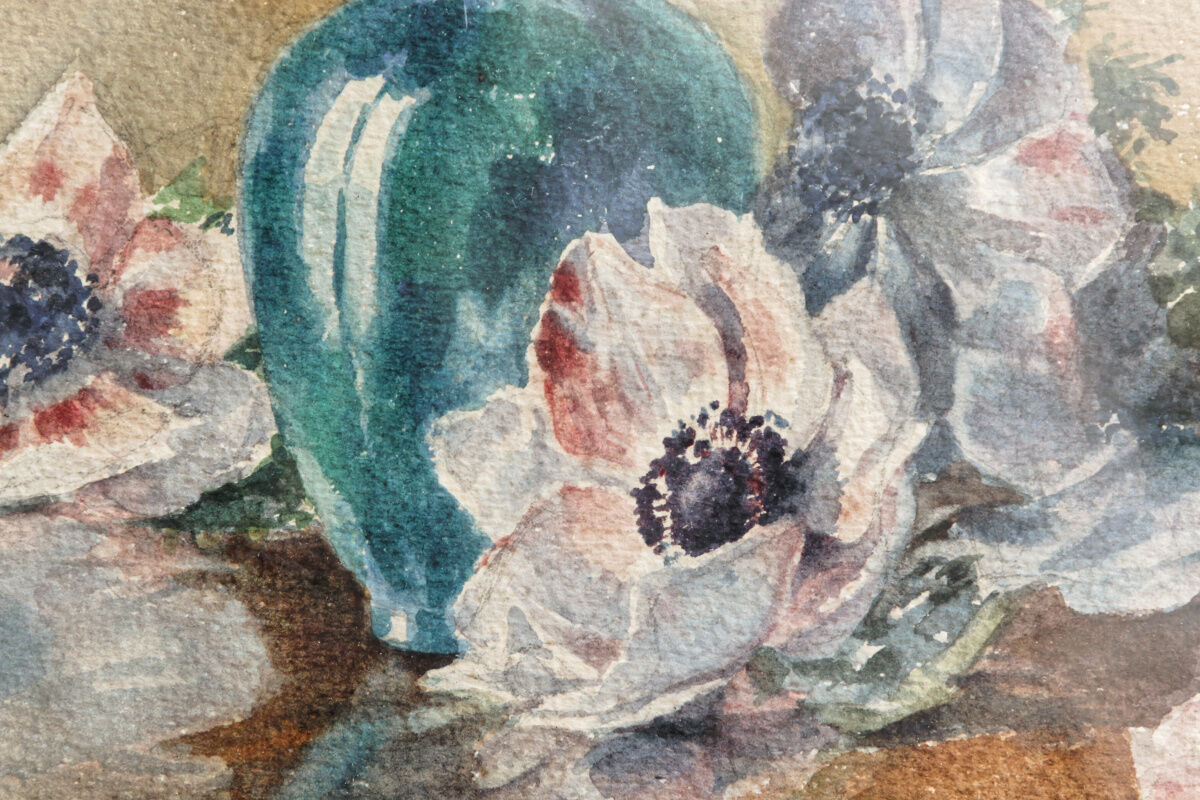 Still life, Watercolor with anemones, signed, oval frame