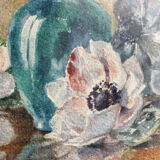 Still life, Watercolor with anemones, signed, oval frame