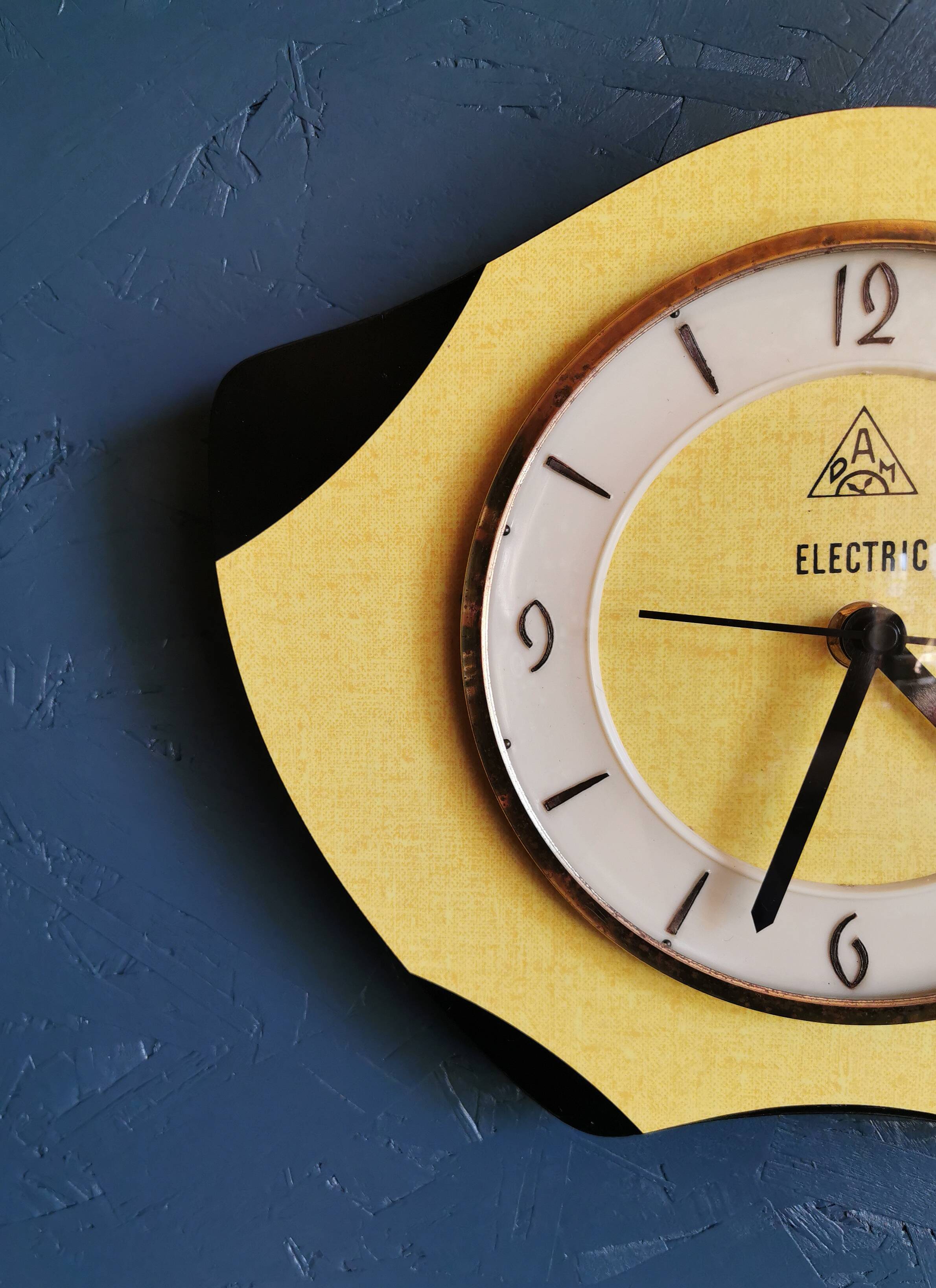 Vintage formica clock silent wall clock 60s "DAM electric yellow black"