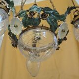 Chandelier wrought iron chandelier three bulbs with leaf flowers and glass lampshades
