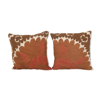 Set Of Two Brown Suzani Cover, Suzani Pillow Case Made From A 19th Century Suzani, Pair Brown Uzbek