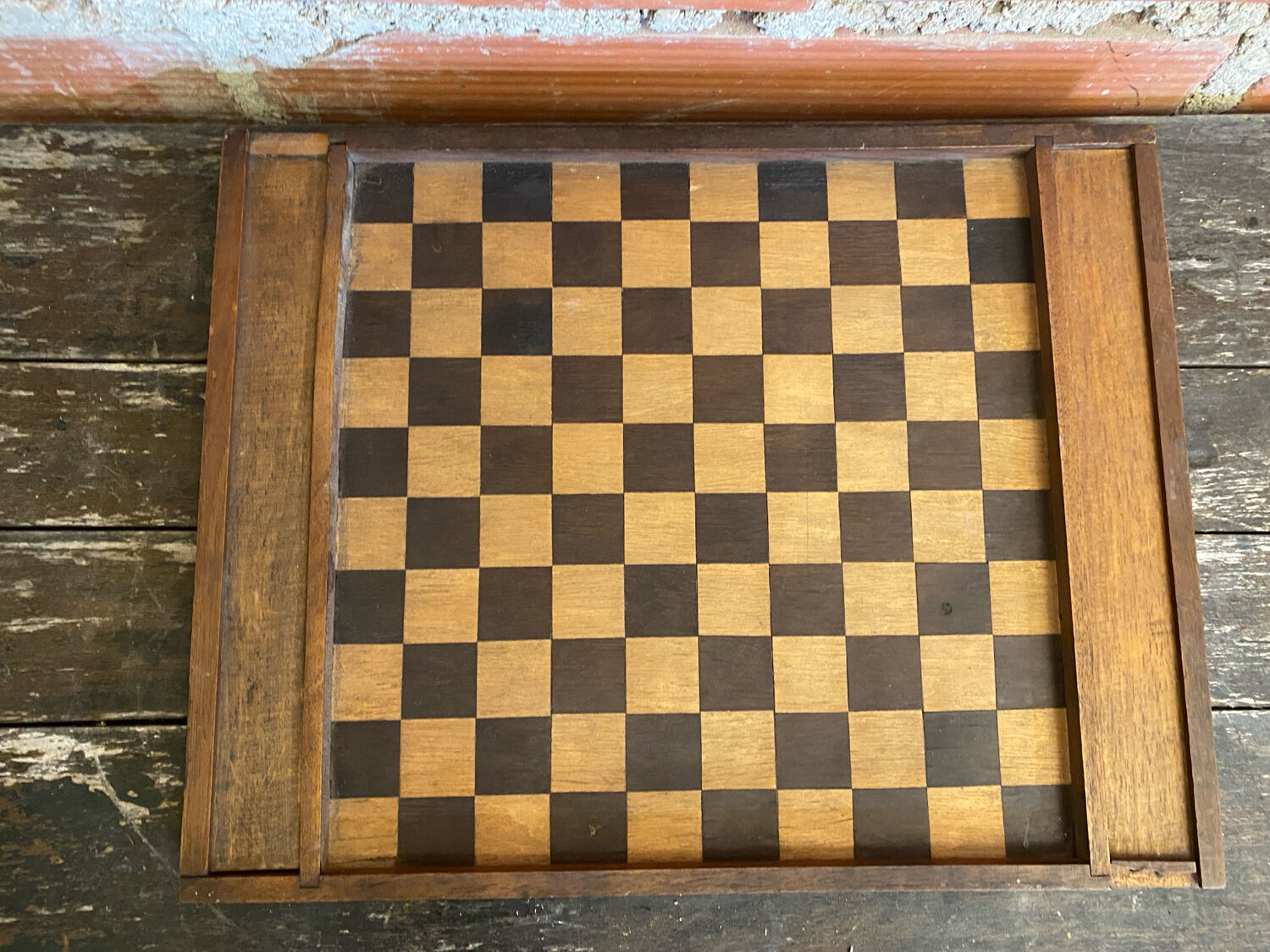 Double-Sided Wooden Checkers + Chess Game Board + Vintage Squares #D62