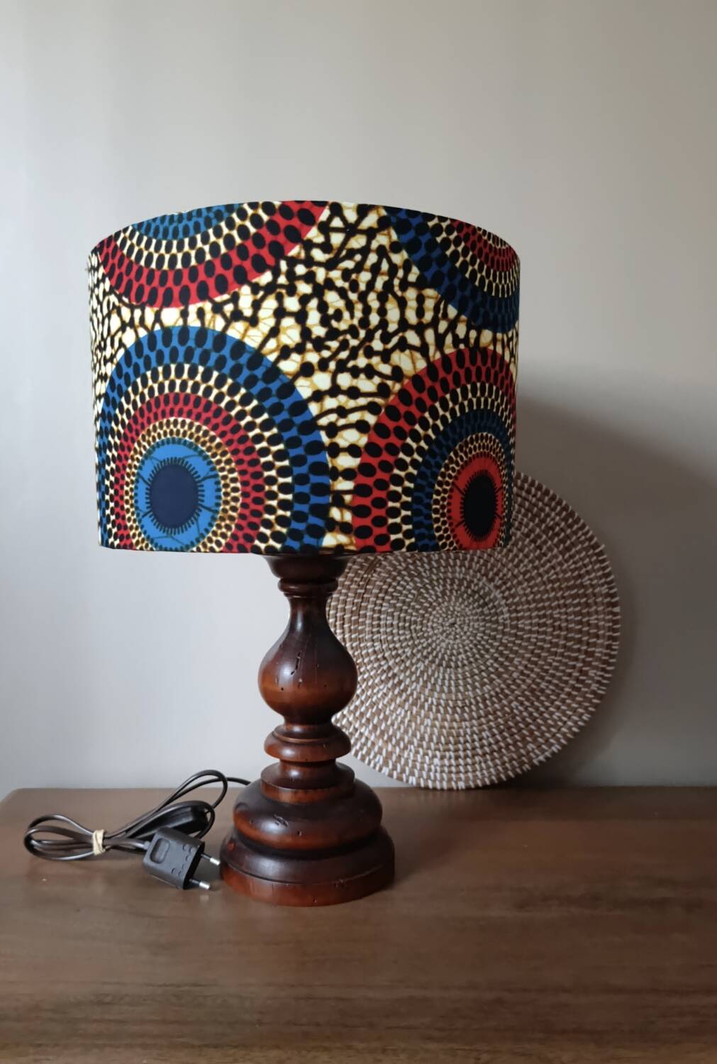 rustic chic solid wood lamp, ethnic wax lampshade with circles