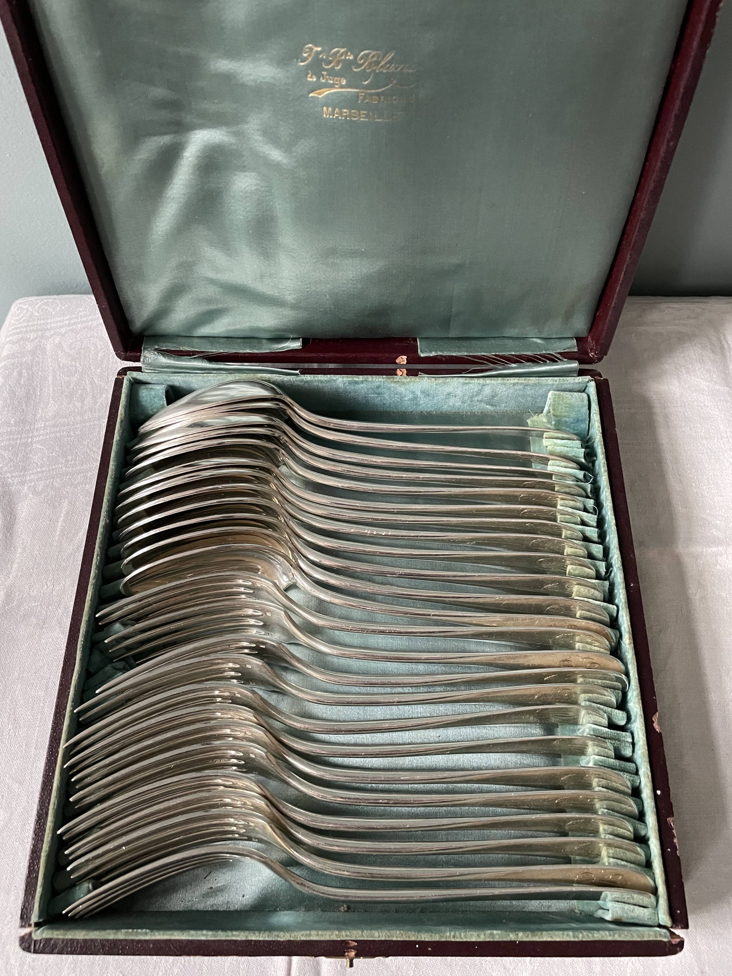 Set of 24 old cutlery: Alfenide housewife, monogrammed Fidelio model