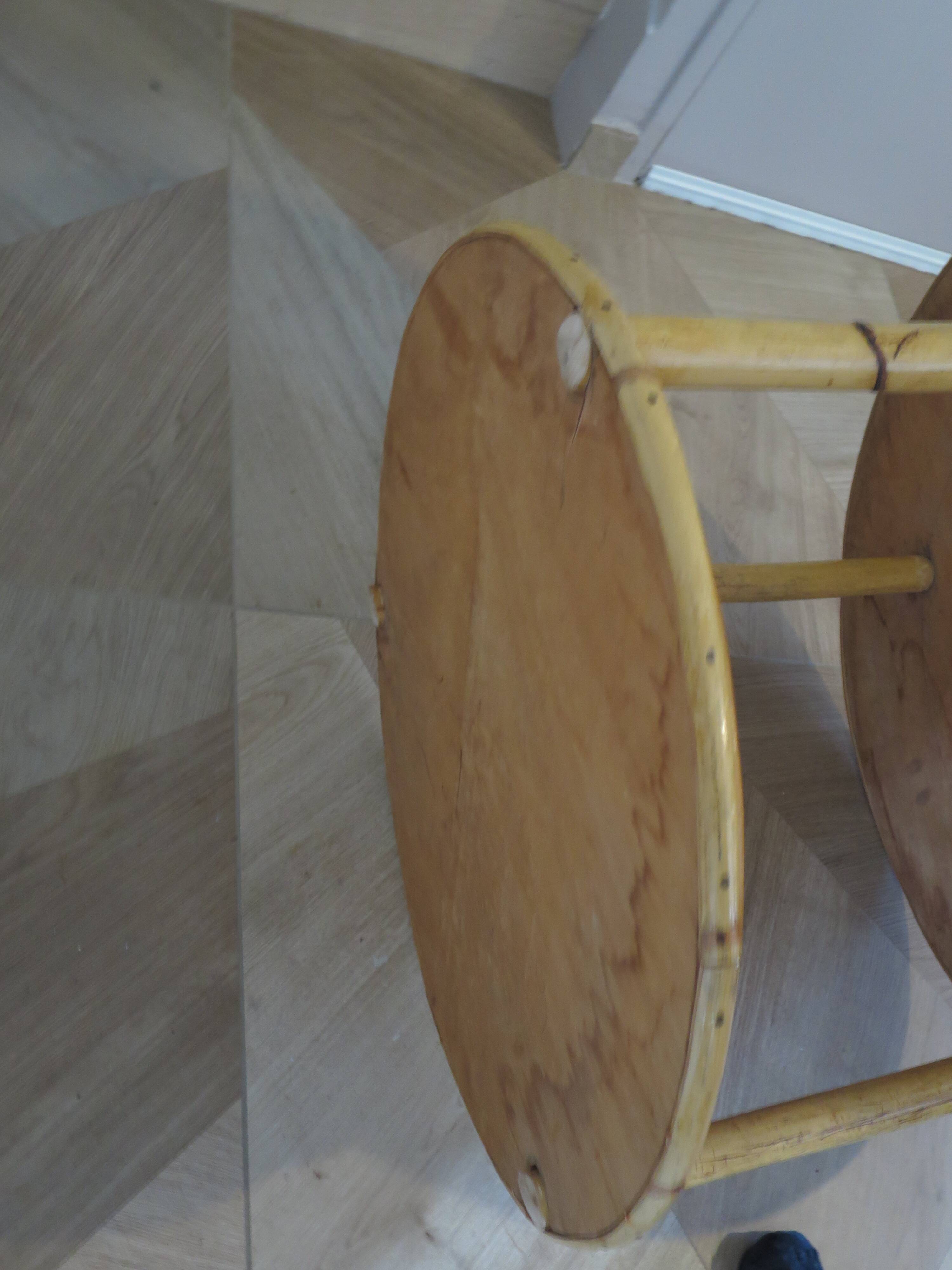Table basse ronde bambou rotin et bois motif étoile années 80