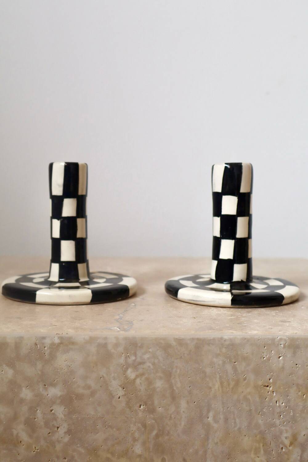 Modern Handmade Black and White Checkered Candlestick Holder