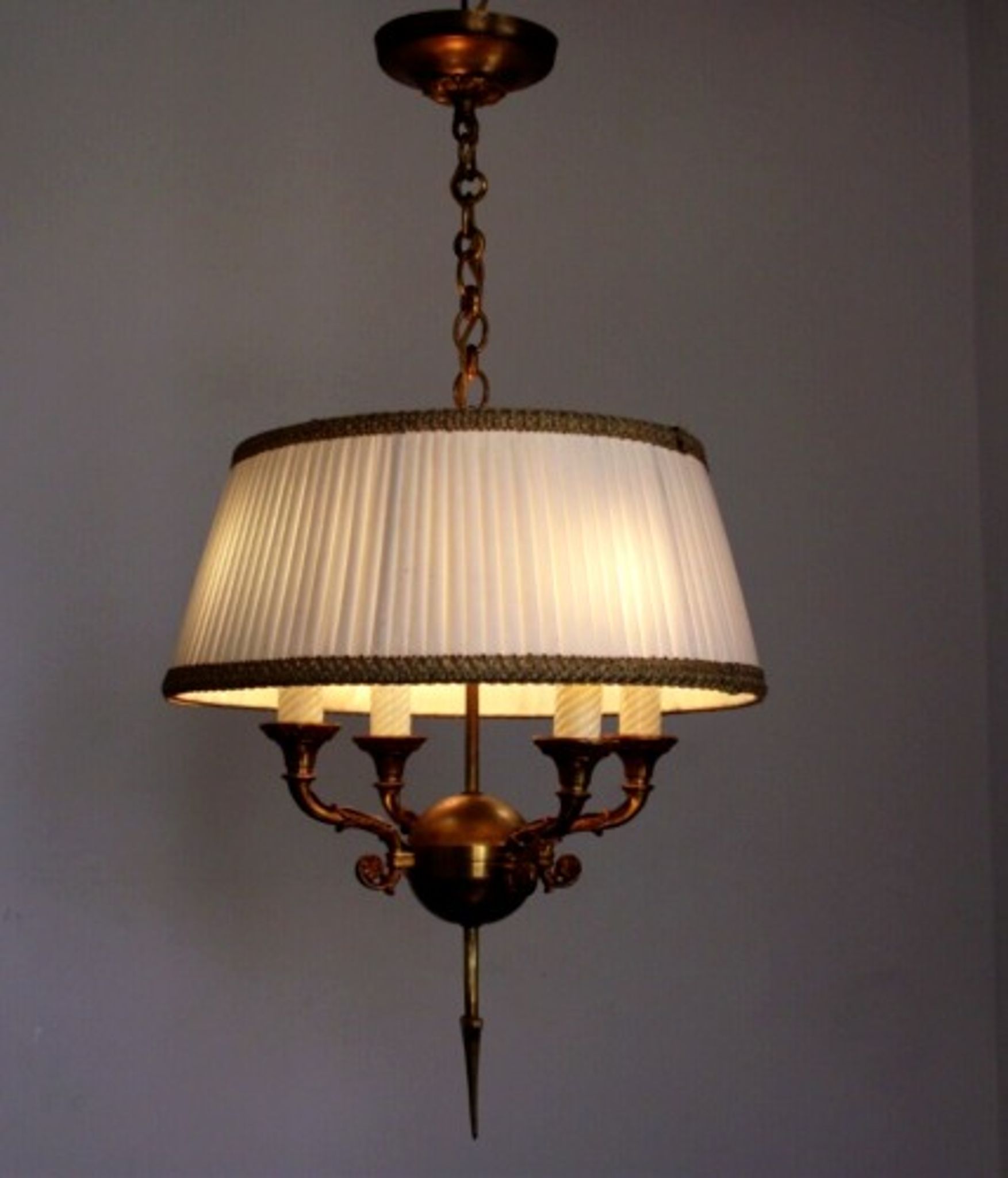 French antique empire style 4 light chandelier pleated cream fabric shade 4311