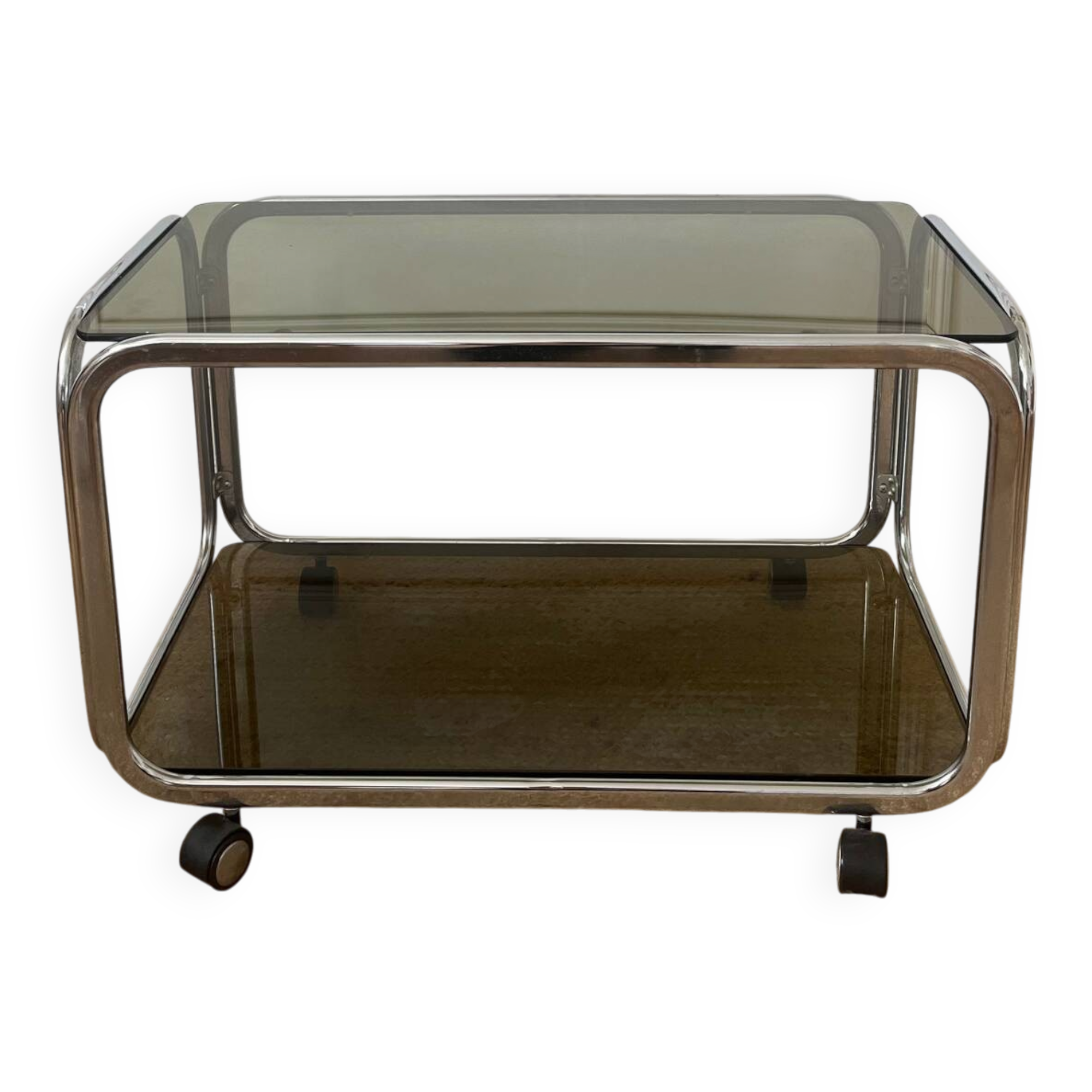 Rolling serving cart in chromed steel and smoked glass, 70s design