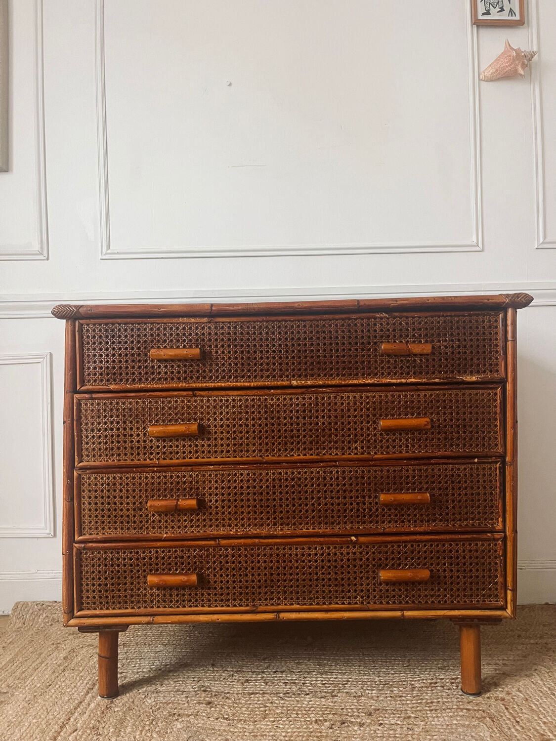 Vintage rattan chest of drawers with 4 drawers