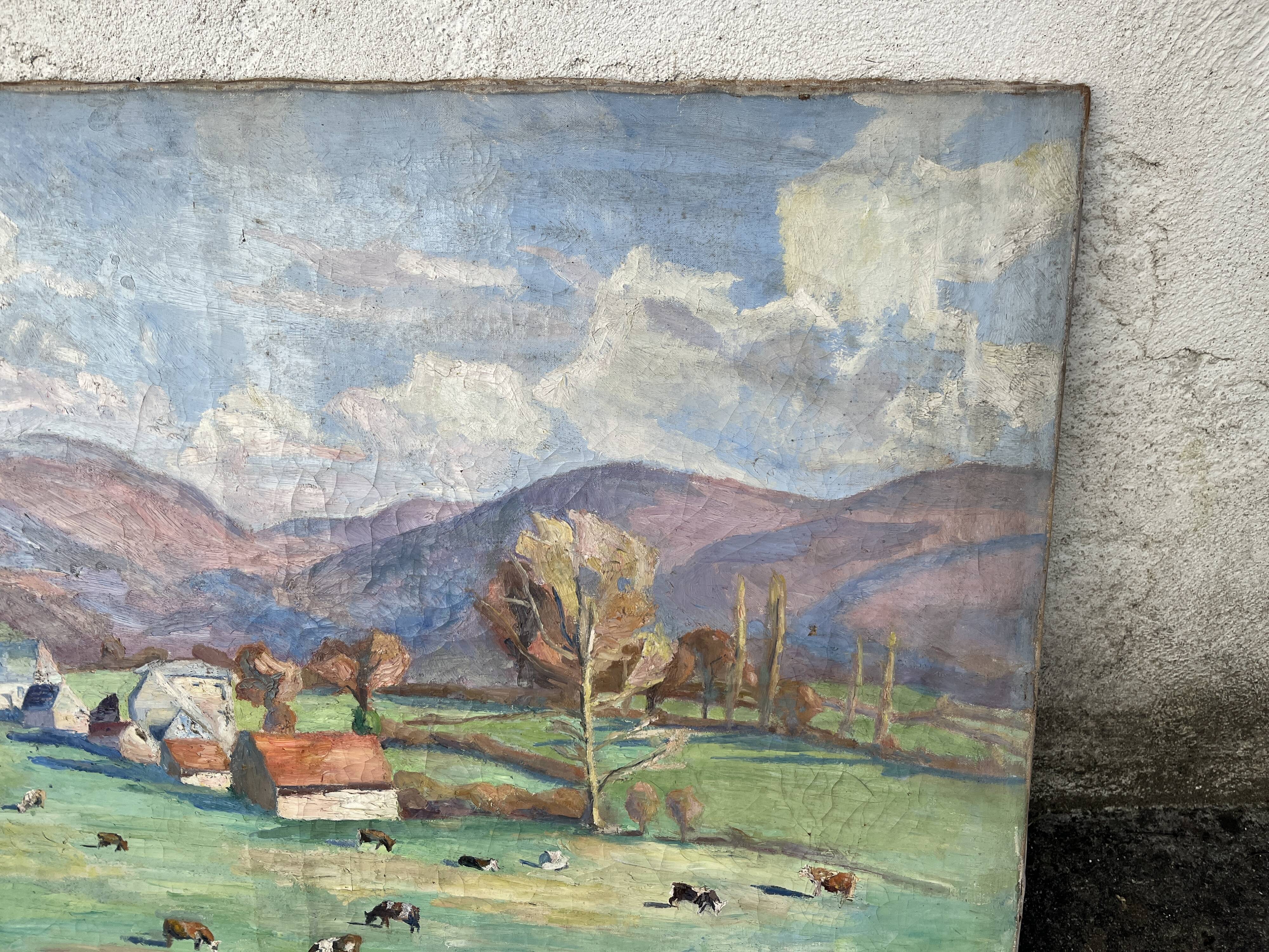 Large painting by Mr. Canet - Countryside landscape with cows