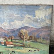 Grand tableau de M. Canet - Paysage de campagne aux vaches