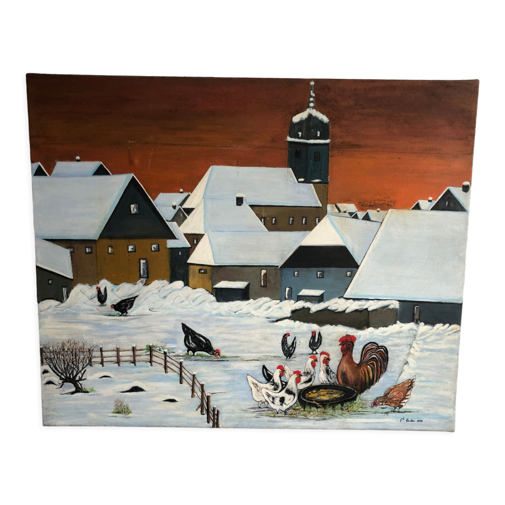 Oil on canvas mountain landscape and snow