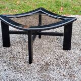 70s design coffee table in black lacquered wood with smoked glass top