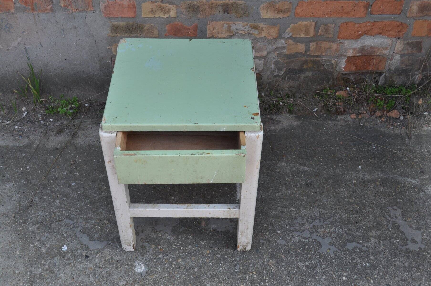 Pair of green and white painted pine stools with drawer, 1940s industrial vintage.
