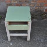 Pair of green and white painted pine stools with drawer, 1940s industrial vintage.