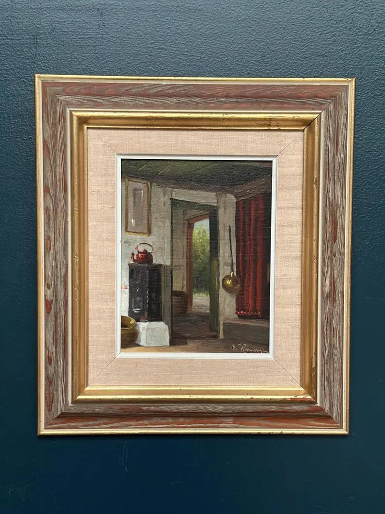 Original Swedish Oil on Canvas – 'Kitchen II' by Osvald Rasmussen – Signed – Vintage and Framed – 41 × 37 cm (16.1" × 14.6")