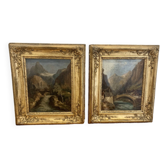 Set of 2 landscape antique paintings, 1900