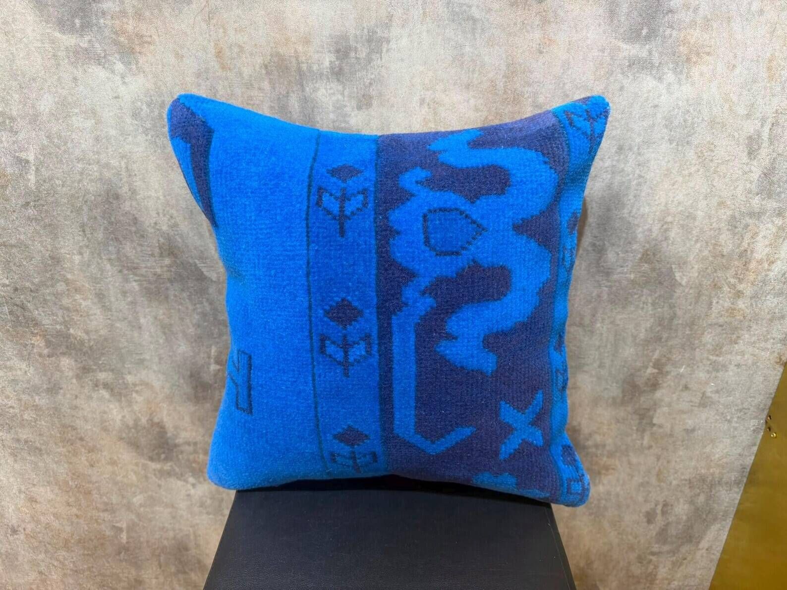 Asymmetric Blue Turkish Rug Pillow, 16x16 Square Wool Cushion Cover