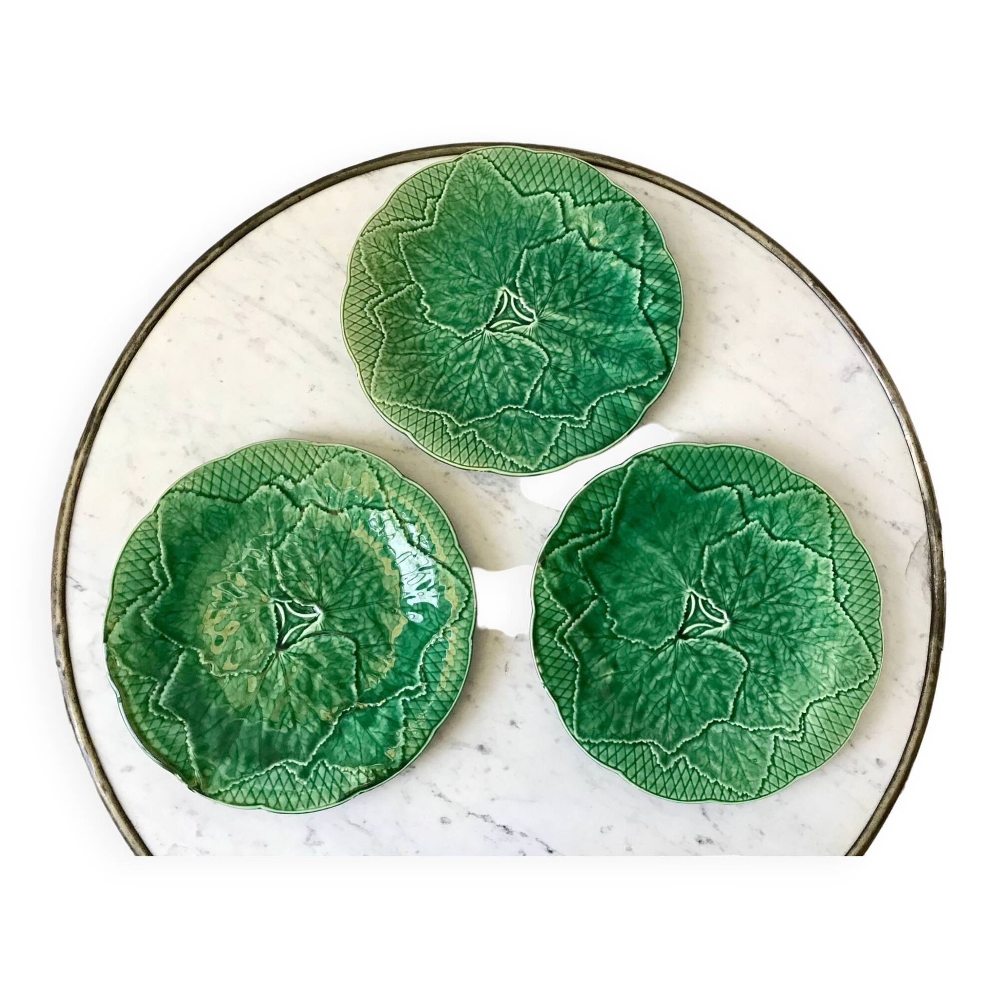 Trio of dessert plates gien model leaves in slip 50s