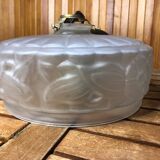 Ancienne Suspension Verre Moulé Transparent + Support Laiton Vintage