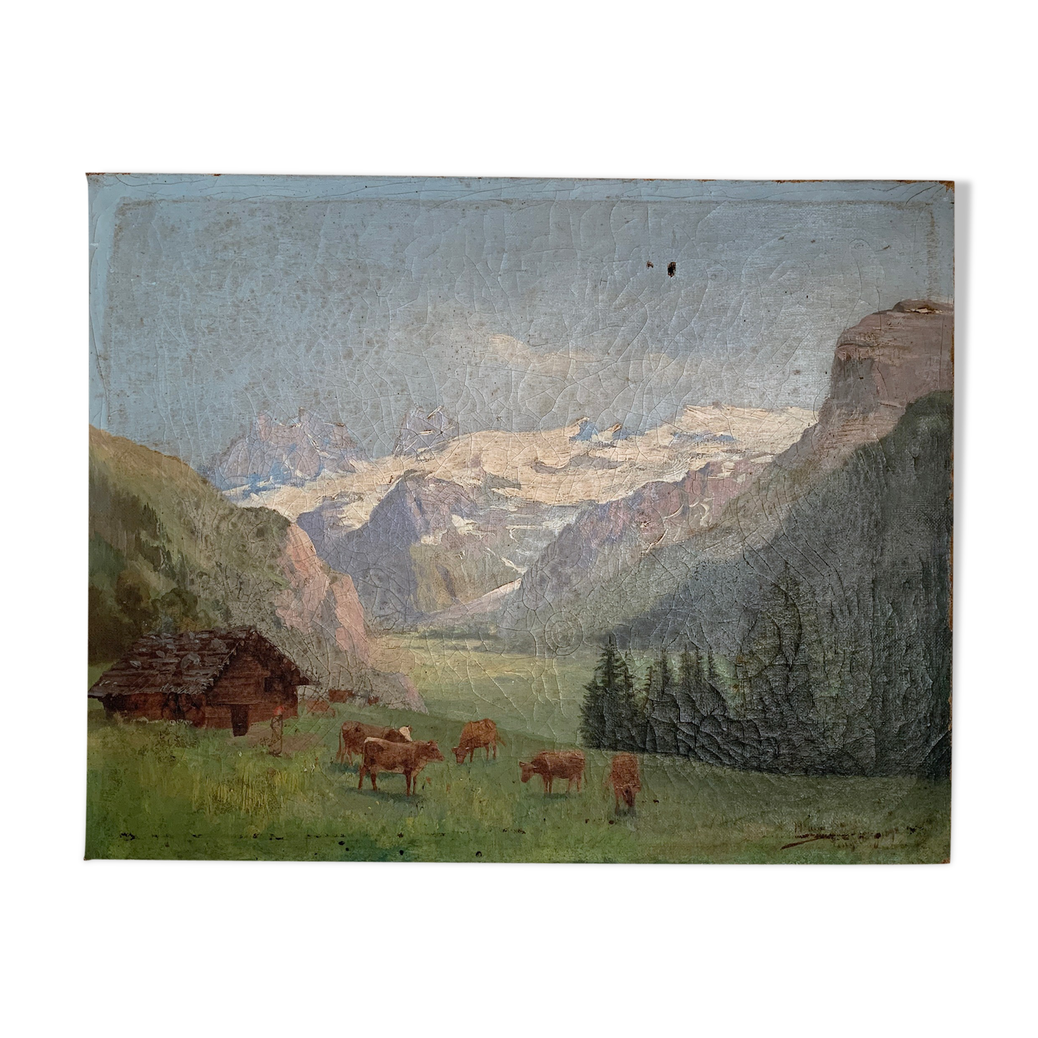 Painting mountain landscape, cows, small cottage...