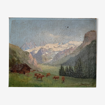 Tableau paysage de montagne vaches petit chalet