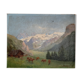 Tableau paysage de montagne vaches petit chalet