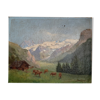 Tableau paysage de montagne vaches petit chalet