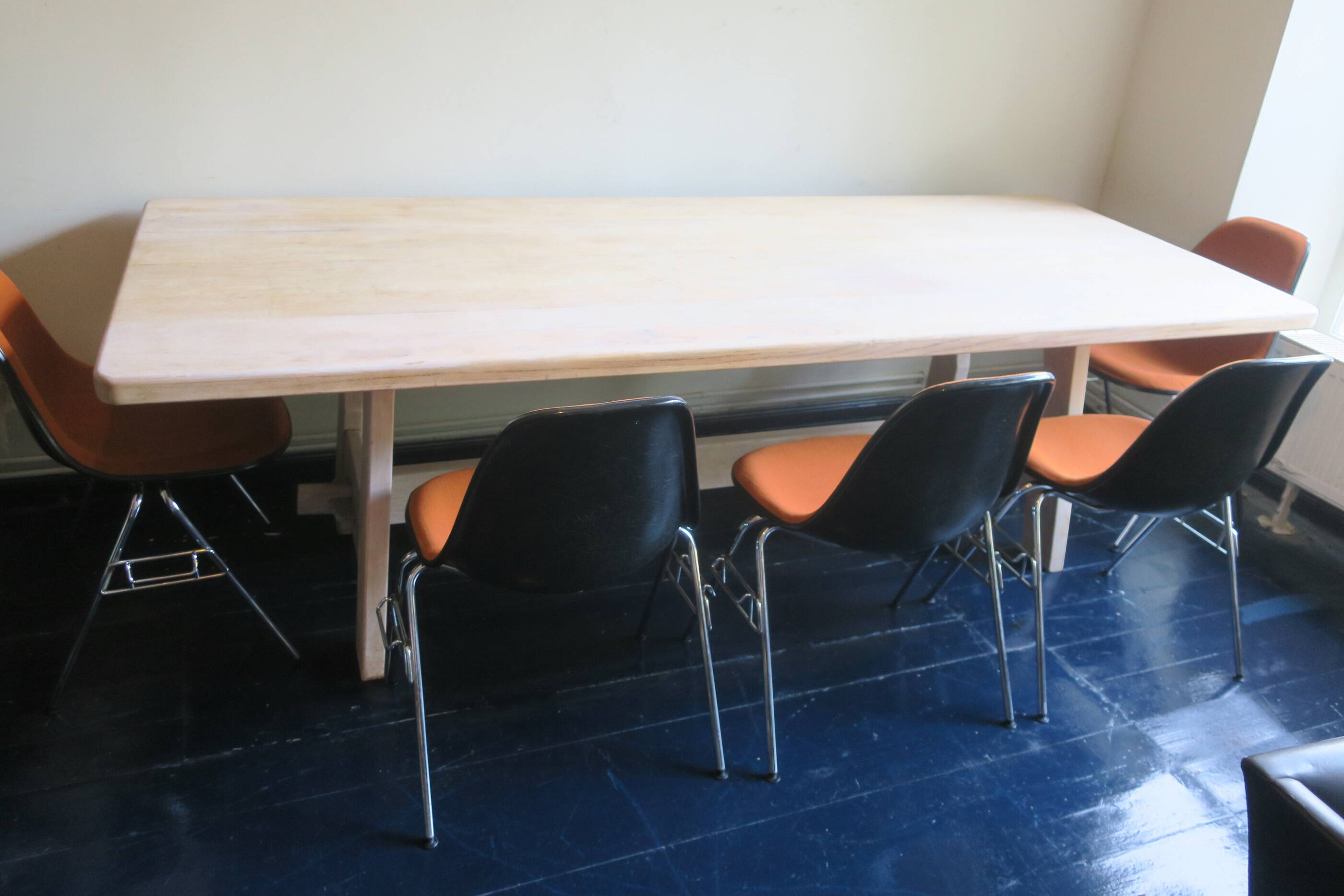 Large Brutalist limed oak trestle table 1940s