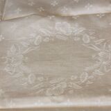 Ancienne nappe lin damassée beige 160 × 180 cm + 12 serviettes