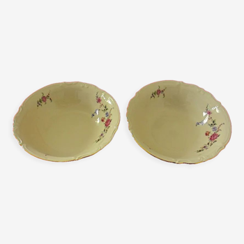 Pair of round cream-colored porcelain salad bowls with floral decoration