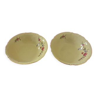 Pair of round cream-colored porcelain salad bowls with floral decoration