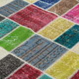 Handwoven oriental overdyed 177 cm x 229 cm multicolor patchwork carpet
