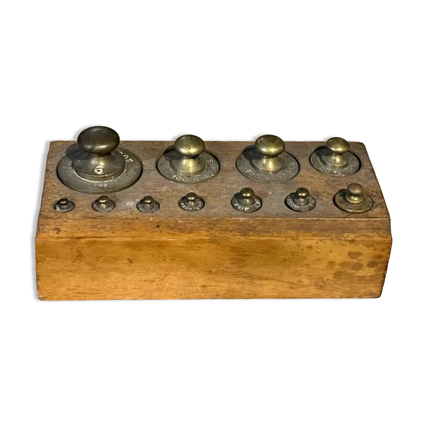 Complete series of brass weights for scales