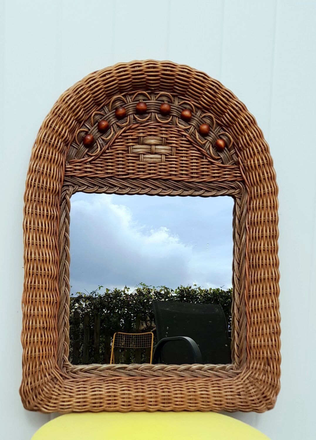 Woven wicker mirror and wooden beads 60s