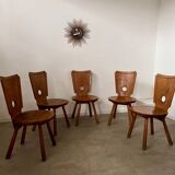 Set of 5 vintage 70s Brutalist design solid wood chairs